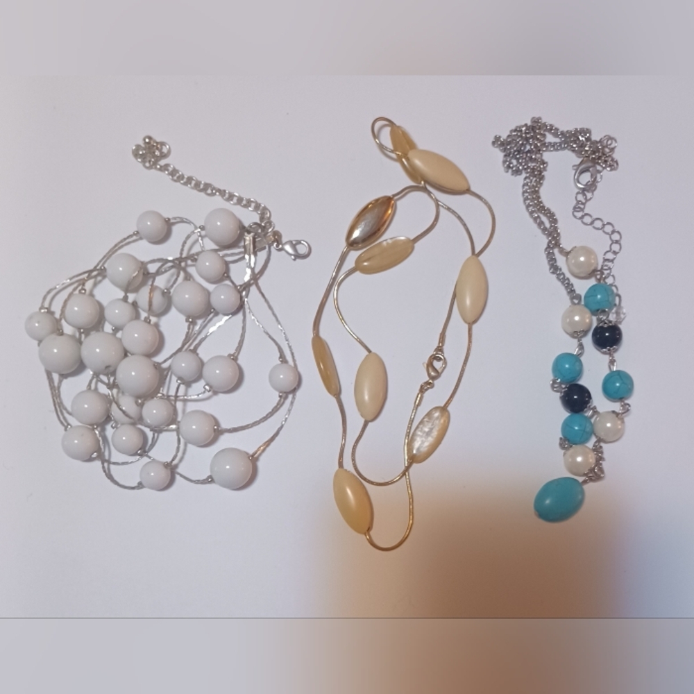 3 Lovely Chunky Vintage Beaded Necklaces Yellow Blue White